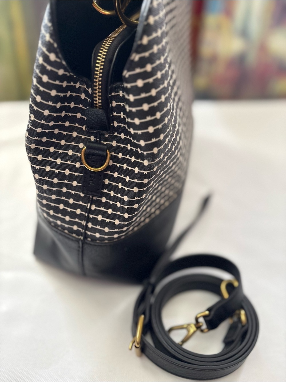 Fossil Convertible Black and White Pattern Satchel with Gold Hardware - Picture 6 of 16